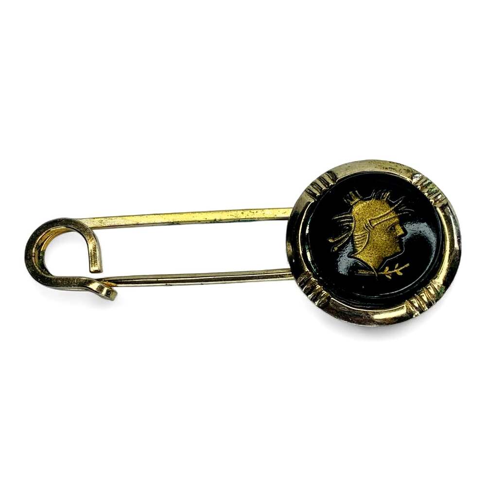 Vintage Reverse Intaglio Tie Pin Jet Glass Roman Soldier Gold Plated